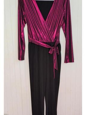 American City Wear Retro Metallic Fuchsia Wrap Front Black Jumpsuit Glam Disco